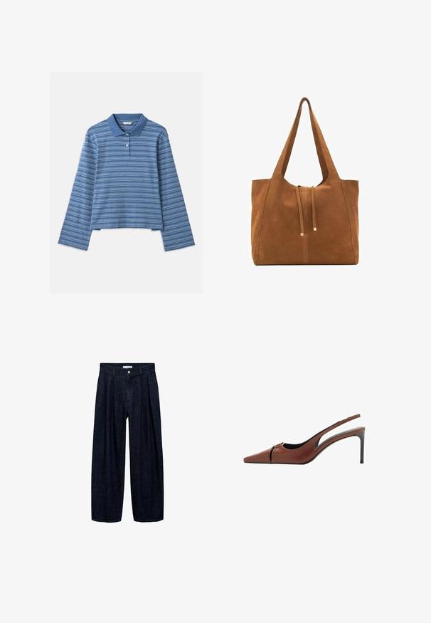 Polo majica z dolgimi rokavi v modri barvi z belimi in mornarsko modrimi vodoravnimi črtami. Ima klasičen ovratnik in tri gumbe. Mehka tekstura tkanine.; Temne traper hlače širokega kroja z naborki na pasu, z sprednjim gumbom in zankami za pas. Gladka tekstura in dolga zasnova.; Rjavi usnjeni slingback čevelj z ostro konico, izrezom na vampu in elegantno stiletnasto peto. Gladka tekstura.; Rjava semiš torba z dvema dolgima ročajema, z vrvico za zapiranje in minimalističnim dizajnom. Gladka tekstura in brez vidnih kovinskih dodatkov.