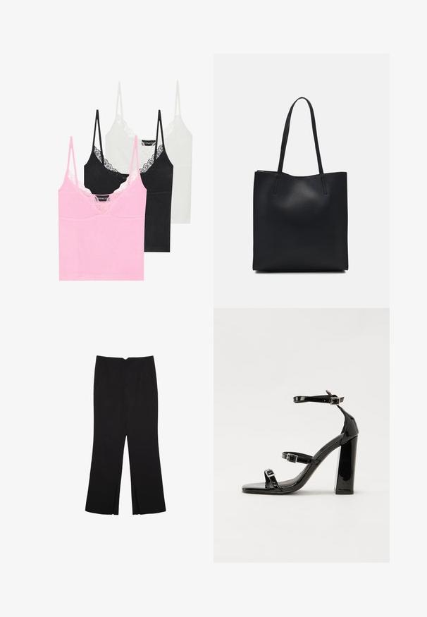 Trii topića u ružičastoj, crnoj i bijeloj boji s čipkastim detaljima uz izrez, tankim podesivim naramenicama i glatkom teksturom tkanine.; Crne hlače ravnog kroja, s prednjim džepovima i bočnim prorezima na rubu. Izrađene od mekog i glatkog materijala. Pogodne za razne prigode.; Crne lakirane sandale na pete sa kvadratnim nosom, trakama oko gležnja i srebrnim kopčama. Imaju čvrst blok petu za stabilnost.; Crna kožna torba za nošenje s glatkom teksturom, pravokutnim oblikom i dvije duge ručke. Nema vidljivih metalnih dijelova ili ukrasa.