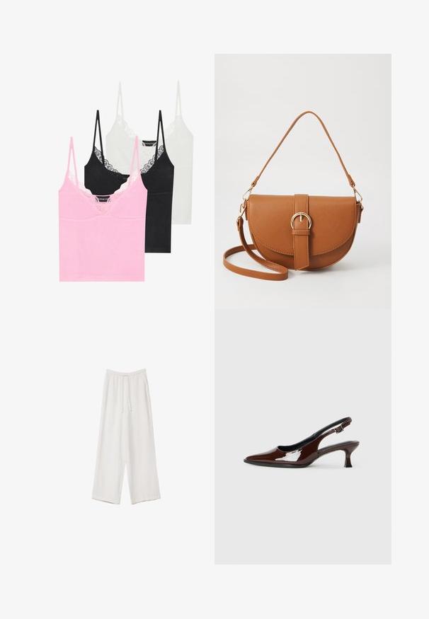 Three camisoles in pink, black, and white featuring lace trim along the neckline, thin adjustable straps, and a smooth fabric texture.; White wide-leg trousers made from a lightweight fabric. Features an elastic waistband with a drawstring and side pockets. Smooth texture.; Brown patent leather slingback shoe with a pointed toe and a moderate heel. Features a buckle strap for secure fit. Smooth texture.; Brown leather crossbody bag with a curved shape, gold hardware, and a buckle accent. Features a detachable shoulder strap.