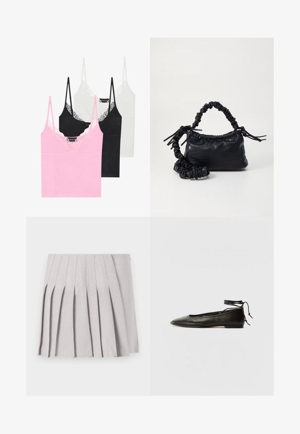 Tre canotte nei colori rosa, nero e bianco, con pizzo lungo il collo, spalline sottili e un tessuto liscio.; Gonna pieghettata grigia con una texture liscia, caratterizzata da molteplici pieghe verticali e una vita aderente. Realizzata in un tessuto leggero.; Ballerine in pelle nera con punta affusolata, laccio alla caviglia e suola piatta, caratterizzate da una texture liscia e un design minimalista.; Borsa a tracolla in ecopelle nera con texture a coccodrillo, apertura cinchata e tracolla arricciata. Si presenta con un design morbido e compatto.