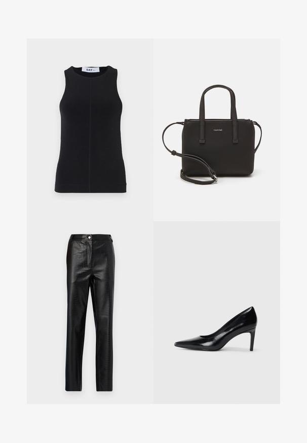 Top nero senza maniche realizzato in un tessuto liscio, con scollatura rotonda, design aderente e cuciture sottili lungo i fianchi.; Pantaloni in ecopelle nera con motivo a coccodrillo, vestibilità slim, design a gamba dritta, con chiusura frontale con bottone e vita standard.; Scarpa con tacco alto in pelle nera, con punta affusolata, texture liscia e tacco rastremato. Design minimalista, senza ulteriori decorazioni.; Borsa nera con doppi manici corti e tracolla removibile. Materiale simile alla pelle liscia con chiusura a zip e dettaglio del logo.