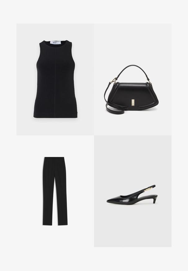Schwarzes ärmelloses Oberteil aus glattet Material, mit rundem Ausschnitt, figurbetontem Schnitt und dezenten Nähten an den Seiten.; Schwarze maßgeschneiderte Hose mit geradem Bein, ausgestattet mit Fronttaschen und einem glatten, strukturierten Stoff. Saubere, minimale Details.; Schwarze Leder-Slingback-Pumps mit spitzem Schuhblatt, ausgestattet mit einem schlanken Absatz und einem goldfarbigen Akzent am verstellbaren Riemen. Glatte Textur.; Schwarze Lederhandtasche mit einem strukturierten Design, das eine verkürzte Form, einen oberen Griff und goldfarbene Hardware-Details aufweist. Verstellbarer Schulterriemen ist enthalten.