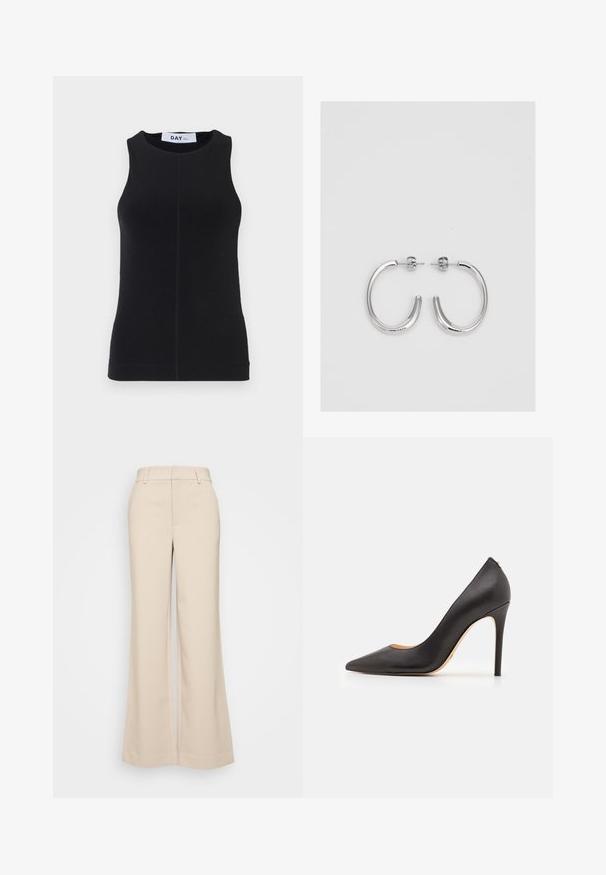 Czarna, bezrękawnikowa bluzka wykonana z gładkiego materiału, z okrągłym dekoltem, dopasowanym krojem oraz subtelnym przeszyciem po bokach.; Beżowe spodnie szerokie z gładką strukturą, z wysokim stanem i dwoma przednimi kieszeniami. Czysty design o dopasowanym kroju.; Czarne skórzane szpilki z ostrym noskiem i gładką teksturą, z wąskim obcasem i minimalistycznym designem.; Srebrne kolczyki na biglu o gładkim, błyszczącym wykończeniu. O zaokrąglonym kształcie, lekkim designie, z zamknięciem na zatrzask.