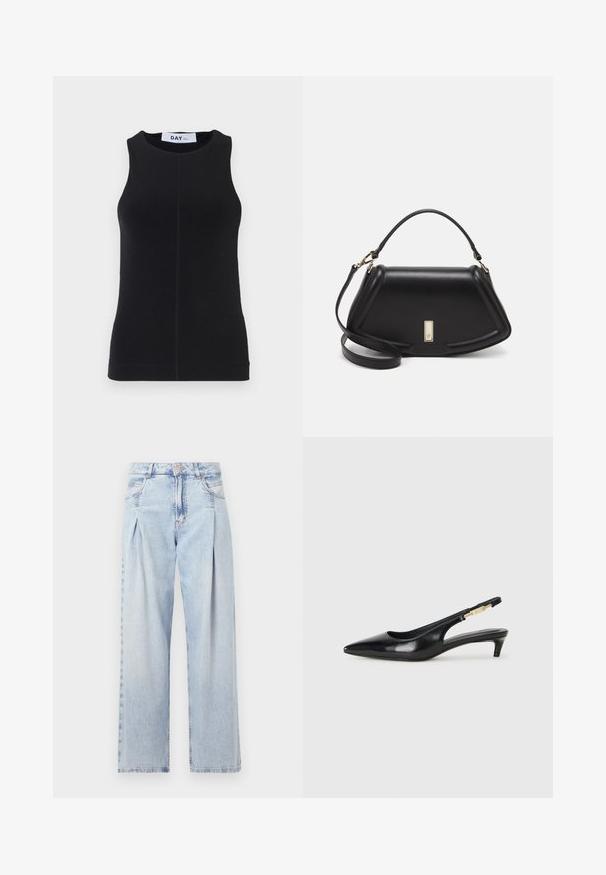 Top sin mangas negro hecho de una tela suave, con un escote redondo, un diseño ajustado y una costura sutil a lo largo de los lados.; Jeans de mezclilla azul claros con cintura alta, corte de pierna ancha, dos bolsillos laterales y un diseño plisado. Textura suave con un acabado deslavado.; Tacones negros de piel sintética tipo slingback con punta afilada, que cuentan con un tacón delgado y un detalle en tono dorado en la correa ajustable. Textura suave.; Bolso de mano de cuero negro con un diseño estructurado, que presenta una forma recortada, asa superior y acentos en dorado. Correa de hombro ajustable incluida.