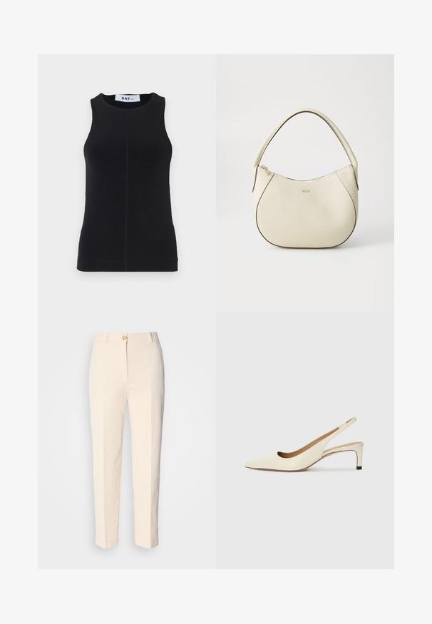 Svart uten ermer topp laget av et glatt stoff, med rund hals, tettsittende design og subtile sømmer langs sidene.; Kremfargede, høy-taljede bukser laget av teksturert stoff. Har lukking med frontknapp og avsmalnende ben.; Sko med spiss tå og slingback i off-white skinn, med lav hæl og utskårent design, med en glatt tekstur og minimale detaljer.; Kremfarget håndveske med teksturert overflate, buet form, kort håndtak og gullfarget logo. Glidelås lukking på toppen.
