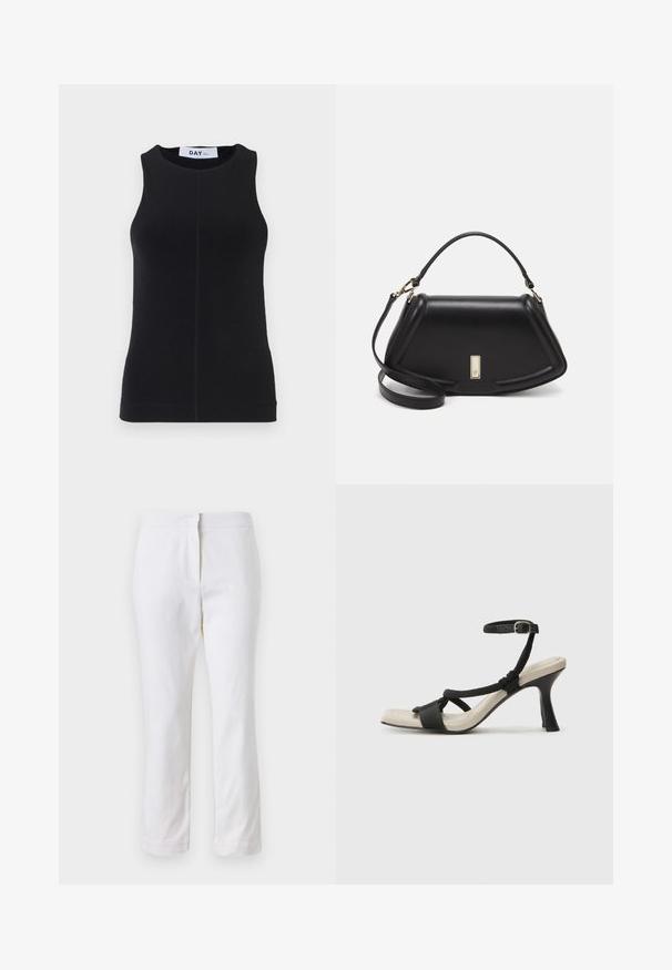 Must täispikkus, sileda kangaga must ilma varrukateta topp, millel on ümar kaelus, kitsas lõige ning peened õmblused külgedel.; Valged puuvillased püksid sirge lõikega, keskmise kõrgusega vöökoht ja ilma nähtavate detailide või mustriteta. Ühtlane sile tekstuur.; Mustad musta kontsaga sandaal, millel on punutud rihma disain, ruudukujuline varvas ja reguleeritav pahkluu rihm. Heleda beeži värvi jalapadi ja läikiv must konts.; Must mustrist käekott, millel on struktureeritud disain, lühendatud kuju, ülemine käepide ja kuldne metallist detail. Reguleeritav õlalihm on kaasas.