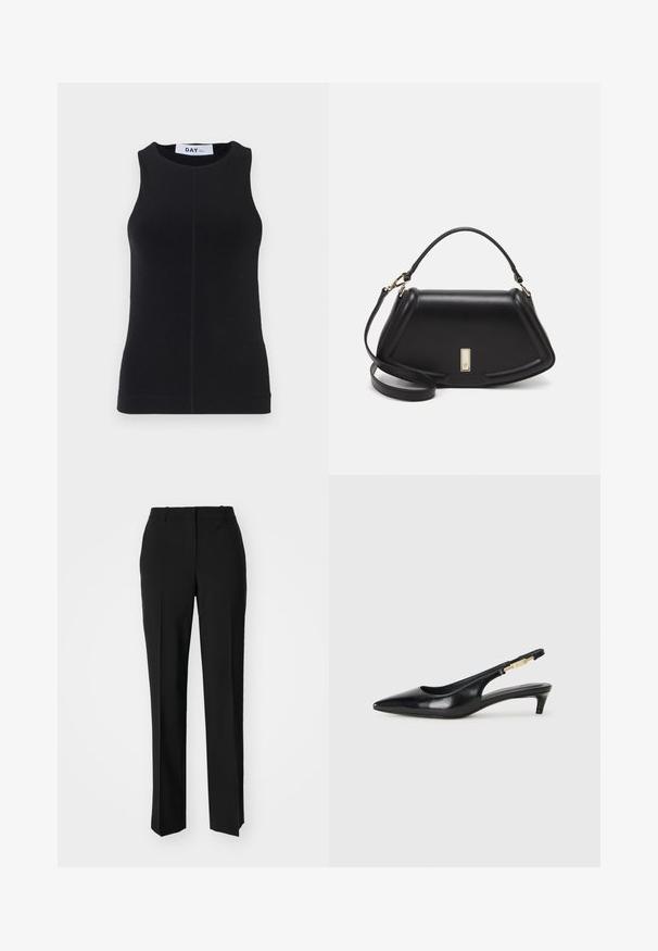 Black sleeveless top made from a smooth fabric, featuring a round neckline, fitted design, and subtle stitching along the sides.; Black tailored trousers with a straight-leg design, featuring a smooth texture and crisp creases along the front. No visible hardware.; Black leather slingback heels with a pointed toe, featuring a slim heel and a gold-tone accent on the adjustable strap. Smooth texture.; Black leather handbag with a structured design, featuring a cropped shape, top handle, and gold hardware accent. Adjustable shoulder strap included.