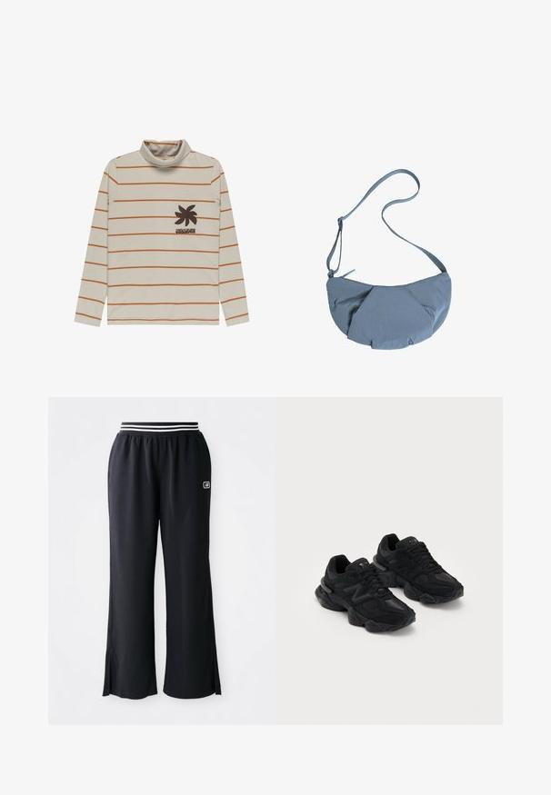 Tej hosszú ujjú garbó felső krém színben, narancssárga vízszintes csíkokkal és sötétbarnával készített pálmafa grafikával a bal mellrészen. Puha anyag.; Fekete sportnadrág széles nadrágszárral, rugalmas derékpánttal, fekete-fehér csíkokkal, és oldalsó sliccekkel a szegélyen.; Fekete sportcipők struktúrált felsőrésszel, kiemelkedő "N" logóval, párnázott talppal és letisztult, modern vonalvezetéssel.; Szürke anyagú keresztpántos táska, lekerekített formával, elöl ráncolt dizájnnal és vékony, állítható pánttal. Cipzáras zárás a tetején.