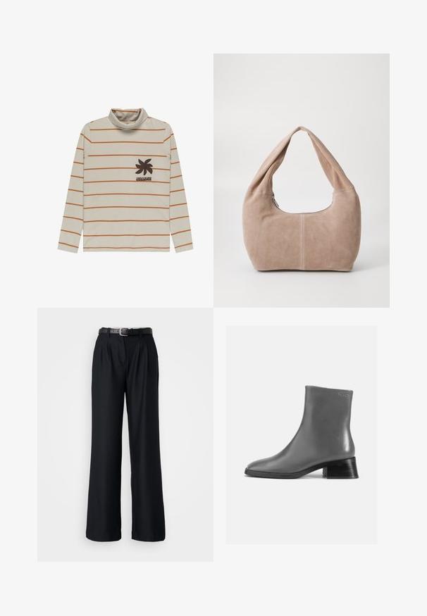 Kreminės spalvos ilgomis rankovėmis polo marškiniai su oranžinėmis horizontaliomis juostelėmis ir tamsiai ruda palmių medžio grafika kairėje krūtinės pusėje. Minkšta medžiaga.; Juodos plačių kojų kelnės, pagamintos iš sklandžios medžiagos, su priekinių raukšlių detalėmis ir atitinkamu juodu diržu su sidabriniu užsegimu.; Pilkos odinės kulkšnės batus su apvalia nosia ir trumpu, suformuotu juodu kulnu. Lygus paviršius su minimaliu dekoravimu.; Hobo krepšys, pagamintas iš minkštos, zomšo medžiagos šviesiai bežinių spalvos. Jame yra apvalus siluetas, plati dirželis ir užtrauktukas.