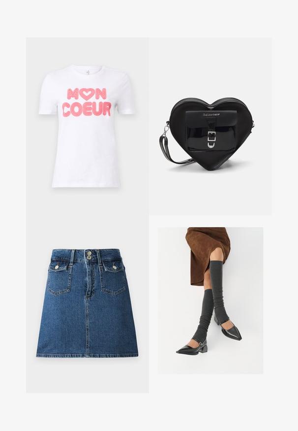 Valkoinen puuvillainen t-paita lyhyillä hihoilla, jossa on rohkeaa vaaleanpunaista tekstitystä "MON COEUR" ja sydämen kuvio. Paita on sileästä materiaalista.; Syväharmaa farkkuhame, jossa on muotoiltu vyötärö, kaksi etutaskua, kaksi takataskua ja hopeanväriset nappikiinnitykset.; Musta lakattu nahkakengät teräväkärkisillä, leveällä kantapäällä ja nilkkahihnalla, yhdistettynä harmaisiin ribattuihin säärystimiin ja ruskeaan mokkasiinimekkoon.; Mustan sydämenmuotoisen laukun, joka on valmistettu lakatun nahasta, etupussissa on solki sulkeminen ja irrotettava hihna. Hopeiset kivetekstit.