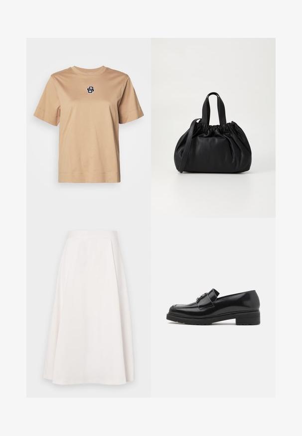 Bēšas kokvilnas t-krekls ar īsām piedurknēm, apaļu kakla izgriezumu un melnu izšūtu logotipu, kurā ir stilizēta burta "B" attēls uz krūtīm.; Ceļa garuma balta A-līnijas svārki, izgatavoti no gludas auduma, ar plakanu jostu un smalkiem savilcieniem, kas piešķir formu un kustības brīvību.; Melnas pulētas ādas loafer kurpes ar zemu bloku papēdi, ar izšūtu purngalu un metāla sprādzi augšpusē, parādītas sāna profilā uz balta fona.; Melnas ādas rokassomu ar savākta augšdaļa dizainu, kas aprīkota ar divām īsām rokturiem un garu regulējamu siksnu. Gluda tekstūra, noapaļota forma.