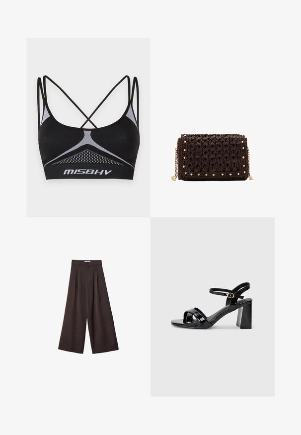 Črni športni modrček z prečnimi trakovi, ki ima teksturirano mrežno ploščo in bele akcentne linije. Logotip prikazan na pasu.; Črne široke hlače z visokim pasom, ki vsebujejo sprednje nabore in z gumbom za zapiranje na pasu, izdelane iz gladkega materiala.; Črne lakirane sandale na visoki peti z blok peto, z prepletenimi sprednjimi trakovi in nastavljivim gležnjačnim trakom z zlatim sponko.; Rjava pletena torbica za večerjo z teksturiranim zaključkom, z zlato obarvanimi dodatki in dekorativnimi žebljički ob robovih. Ima verižni trak.
