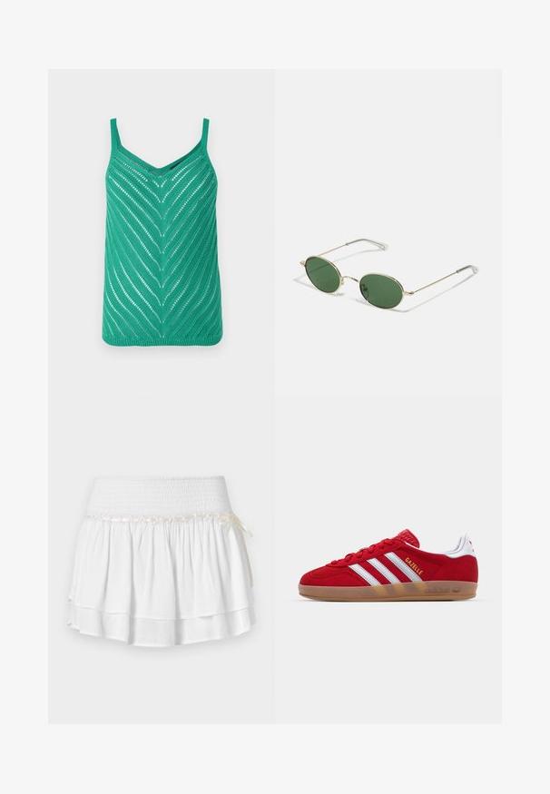 Zöld kötött ujj nélküli felső V-nyakkal, chevron mintával és vékony pántokkal. Az open stitch kialakítás textúrát és vizuális érdekességet ad.; Fehér, réteges szoknya rugalmas derékpánttal, texturált smokk részlettel és dekoratív szalaggal. Pamut anyag.; Piros velúr sneaker fehér háromcsíkos dizájnnal és arany "Gazelle" felirattal. Gumi talppal és texturált sarokkal rendelkezik.; Arany keretes napszemüveg zöld ovális lencsékkel és vékony fém karokkal. Az karokon átlátszó műanyag hegyek találhatók a kényelem érdekében.