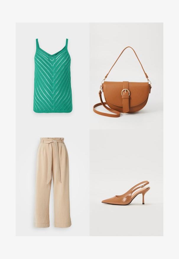 Zelený pletený top bez rukávov s výstrihom do V, vzorom v tvare chevronu a tenkými ramienkami. Otvorený vzor pridáva textúru a vizuálny záujem.; Béžové nohavice s širokými nohavicami a opaskom v páse, vyrobené z textúrovanej tkaniny. Má predné záhyby a hladký povrch na leme.; Sandal s úzkym podpätkom a špicatou špičkou v hladkej lesklej hnedej materiáli. Obsahuje zakrivený výrez a štíhly ihlový podpätok. Strieborný prackový detail.; Hnedá kožená kabelka cez telo s zakriveným tvarom, zlatými kovovými doplnkami a akcentom s prackou. Obsahuje odnímateľný ramenný popruh.