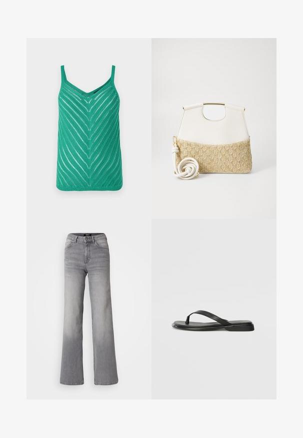 Žalias megztas topas su V formos iškirpte, zigzago raštu ir plonomis petnešėlėmis. Atviras siūlų raštas suteikia tekstūrą ir vizualinį patrauklumą.; Aukštai juosmens tiesios kojos pilkos džinsinės kelnės su priekiu užsegamu mygtuku ir užtrauktuku, priekiniais ir galiniais kišenėmis, bei išblukimu ant šlaunų ir blauzdų.; Juodos šlepetės, pagamintos iš lygios odos, su plona dirželių konstrukcija ir plokščiu padu, turinčiu minimalų profilį. Be pastebimų raštų ar akcentų.; Balta odinė rankinė su tekstūruotu kreminiu pintu dugnu. Ypatumai: auksinės spalvos rankena ir suktas baltas dirželis, suteikiantis universalumo.