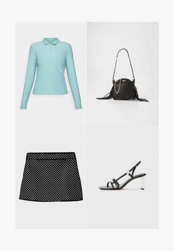 Langermet poloskjorte i lys blå, laget av glatt stoff, med klassisk krage og fem knapper til lukking.; Svart miniskjørt med et perforert design prydet med sølvnitter, som har en glatt midje og en rett kant.; Svarte hæler med flere smale stropper, slinga bak og sølvfarge på hælen. Glatt overmateriale og firkantet hæl.; Svart lærveske med rund form, utstyrt med frynser, lang skulderreim og detaljer i gullkjede.