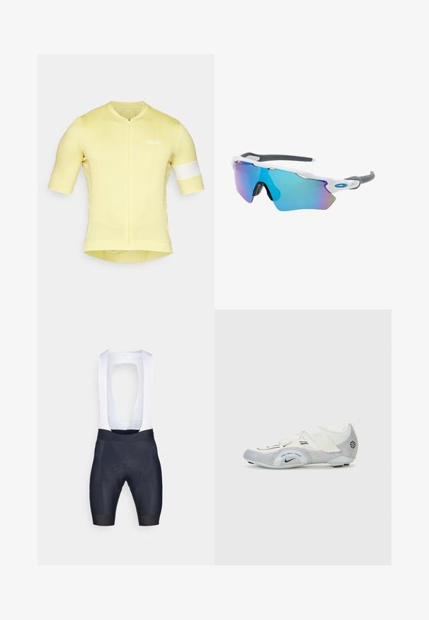 Gelbes Radtrikot mit kurzen Ärmeln, enganliegendem Design, strukturiertem Stoff, Reißverschluss vorne und einem weißen Akzentband am Ärmel. "Rapha"-Logo vorhanden.; Herren Radsportshorts mit weißen Trägern, aus dehnbarem Stoff; dunkelblau mit gepolsterter Sitzfläche für Komfort und minimalen Nähten.; Weiße und silberne Radschuhe mit einem Obermaterial aus Mesh, strukturierten Akzenten, verstellbaren Riemen und einer Gummisohle für Grip und Stabilität.; Sonnenbrille mit einem weißen Rahmen, grauen Akzenten und blauen Spiegellinsen. Sportliches Design, umschließende Form und verstellbare Nasenpads.