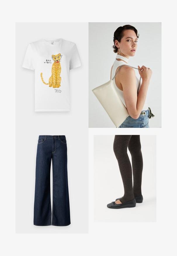Hvid bomulds t-shirt med et gult leopard grafik iført briller, med teksten "BAD VIBES" og "DON’T GO WITH MY LIPSTICK."; Bredde ben jeans i mørkeblå denim. Har kontrastsyninger, fem lommer og en knaplukning i taljen. Glat tekstur.; Sorte flade sko med en lille sløjfedetalje ved tåen, parret med mørkebrune ribbede strømpebukser. Skoene har en glat overflade og lav profil.; Hvid rektangulær clutch-taske lavet af skinnende materiale, med en sølv kædetransport. Modellen poser, mens hun fremviser tasken mod en ensfarvet baggrund.
