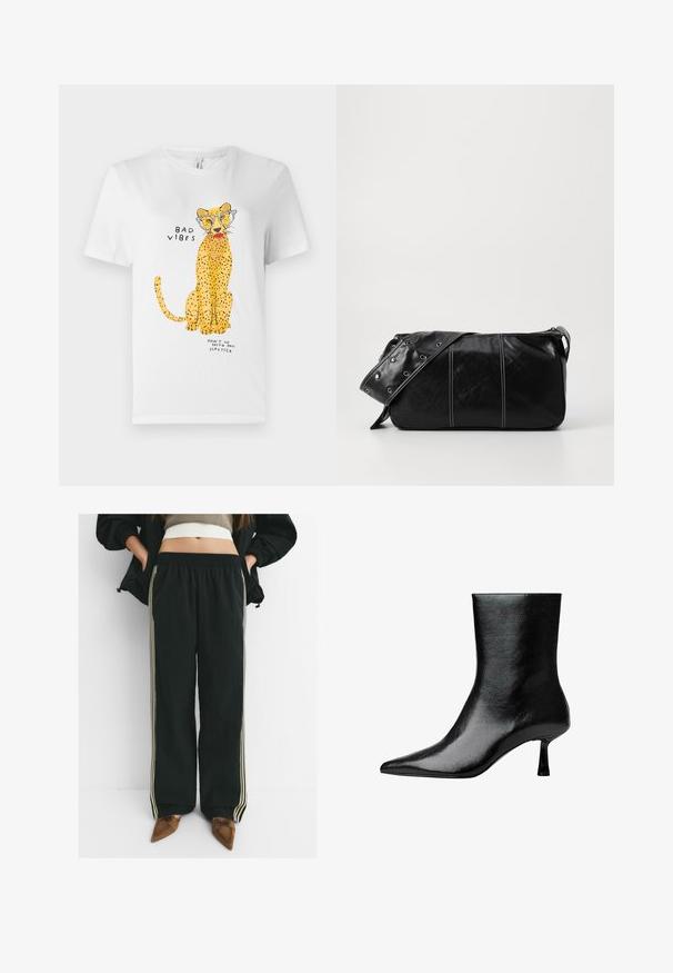 Hvid bomulds t-shirt med et gult leopard grafik iført briller, med teksten "BAD VIBES" og "DON’T GO WITH MY LIPSTICK."; Sorte, løse joggers med elastisk talje og sidelommer, der har kontrasterende lys beige striber langs benene.; Sorte ankelstøvler lavet af blank læder med spidse tær og slank hæl, der har en glat tekstur og et minimalistisk design.; Sort læder skuldertaske med lynlås, der har en tekstureret overflade, hvid syning og en rem med sølvøskner.