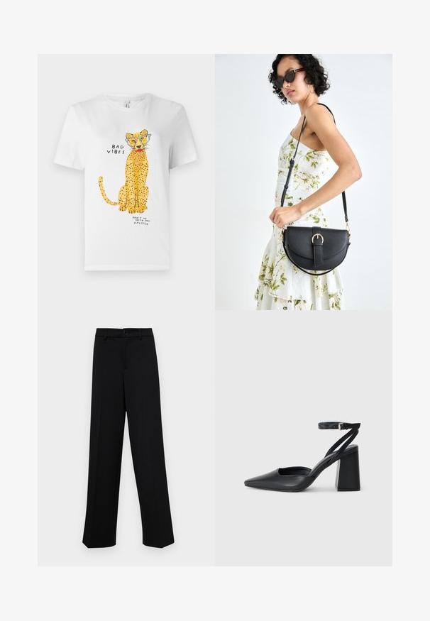 Valge puuvillane T-särk, millel on kollane leopardigraafika prillidega, koos tekstidega "HALBAD VIBRATSIOONID" ja "ÄRA KÄI MINU LIPSIGA KOOS."; Musta laiad püksid siledast kangast, millel on klassikaline vöökoht, nööbiga sulgemine ja ees voldid.; Mustmustest must-käigukingad, millel on konksuga nöör ja paks konts. Ühtlane tekstuur, stiilne disain ja minimalistlik esteetika.; Mustmust mustraha kõverate joontega, eemaldatava rihmaga ja kuldsete detailidega. Kotil on klapp, millel on pandladetail.