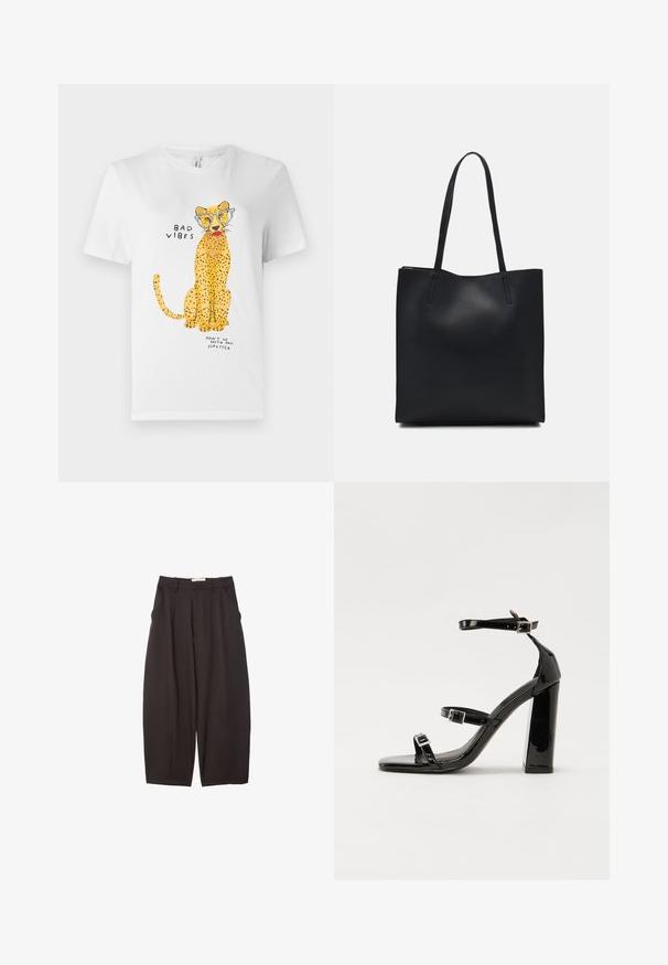 Hvid bomulds t-shirt med et gult leopard grafik iført briller, med teksten "BAD VIBES" og "DON’T GO WITH MY LIPSTICK."; Sorte brede bukser lavet af et glat stof, med høj talje, forfaldne folder og sidelommer. Simpelt design uden udsmykninger.; Sorte laklædersandaler med høje hæle, to spænderemme, firkantet tå og en kraftig blokhæl, der har en glat, blank overflade.; Sort læder tote taske med glat tekstur, rektangulær form og to lange hanke. Ingen synlig hardware eller udsmykninger.