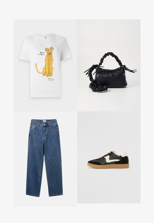 Bela bomba majica iz bombaža z grafiko rumenega leoparda, ki nosi očala, s tekstom "SLABI VIBRACIJE" in "NE HODI Z MOJIM RDEČILOM."; Klasične modre jeans hlače s ravnim krojem, petimi žepi in gumbom za zapiranje. Imajo srednje pranje in trdno teksturo.; Črne semiš in usnjene superge s kremasto stransko puščico in svetlo kremasto peto. Imajo bež čipke in gumijast podplat.; Črna torbica iz umetnega usnja s krokodilovo teksturo, z zvitim vrhom in zmečkano naramico. Zdi se mehka in kompaktna v oblikovanju.