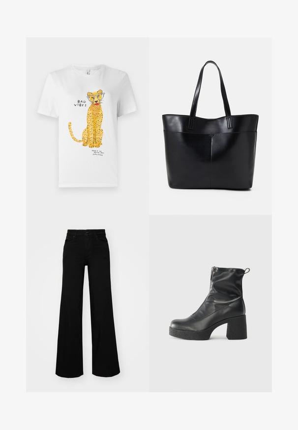 Valkoinen puuvillapaita, jossa on keltainen leopardi graafinen kuva, joka käyttää laseja, ja teksti "HUONOT VIBRAT" ja "ÄLÄ KÄY YHDESSÄ LIPSTICKINI KANSSA."; Musta leveälahkeinen farkkupanta, jossa on rakenteellinen vyötärö, vyölenkit ja etutaskut. Sujuva rakenne klassisella muotoilulla.; Mustat nilkkurit, jotka on valmistettu sileästä nahasta. Niissä on sivuvetoketju, paksu teksturoitu korko ja pyöristetty kärki.; Musta nahkainen kassi, jossa on kaksi pitkää kahvaa, sileä pinta ja jämäkkä muoto. Sisältää etutaskun lisävarastointia varten.