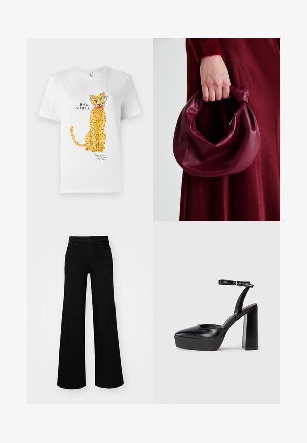 Hvit bomulls t-skjorte med et gult leopardgrafikk som har briller, med teksten "BAD VIBES" og "DON’T GO WITH MY LIPSTICK."; Svart vide bukser laget av denim, med en strukturert midjebånd, beltestropper og frontlommer. Glatt tekstur med et klassisk design.; Sorte plattformhelter med spiss tå og justerbar ankelrem. Laget av glatt lær, med en robust blokkhel.; Bordeaux lærhåndveske med et mykt, samlet design og avrundet form. Håndtaket er festet, og viser en glatt tekstur.