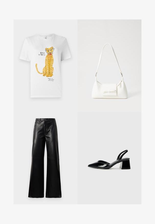 T-shirt de algodão branco com uma ilustração de um leopardo amarelo a usar óculos, com o texto "BAD VIBES" e "NÃO VÁ COM O MEU BATOM."; Calças largas de imitação de couro pretas, de cintura alta, com botão frontal, fecho de correr, passadores de cinto e bolsos laterais sobre fundo branco.; Sandy em verniz preto com salto slingback, ponta afilada e salto geométrico. Apresenta um design elegante e minimalista com textura suave.; Mala sintética branca com formato triangular, aba frontal plana e detalhe de laço, alça ajustável, textura suave e design minimalista.