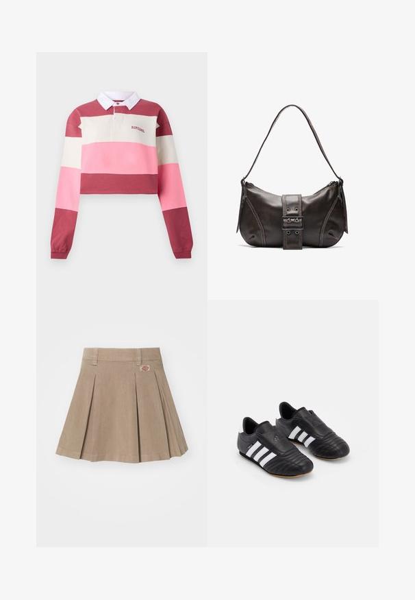 Langarm polo shirt met een cropped ontwerp, voorzien van horizontale strepen in rood, roze en crème. Witte kraag met geborduurd logo.; Beige geplooide rok gemaakt van een gestructureerde stof. Voorzien van een tailleband met riemlussen en een logopatch aan de linkerzijde.; Zwarte voetbalschoenen met een bovenwerk van textuurleer, voorzien van een gevoerde voorkant, drie witte strepen aan de zijkanten en een gumrubberen zool.; Bruine leren schoudertas met een gebogen vorm, voorzien van een opvallende gespdetail, contrasterende stiksels en een enkele schouderband.; Zilveren creolen met een gedraaide ontwerp, voorzien van een gepolijste afwerking en een post-back sluiting. Meet ongeveer 3 cm in diameter.