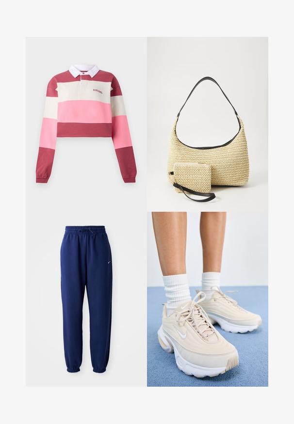 Langærmet polo skjorte med cropped design, prydet med horisontale striber i rød, pink og creme. Hvid krave med broderet logo.; Mørkeblå sweatpants lavet af blødt stof, med elastisk talje med snøre, elastiske manchetter og et lille hvidt logo.; Beige sportsko med en struktureret overdel, hvide snørebånd og en tyk hvid sål. Designet har subtile kurver og et lille logo.; Vævet stråhåndtaske med en buet silhuet, der har en glat sort læderrem og en matching lille pung, der er fastgjort med en håndledsrem.