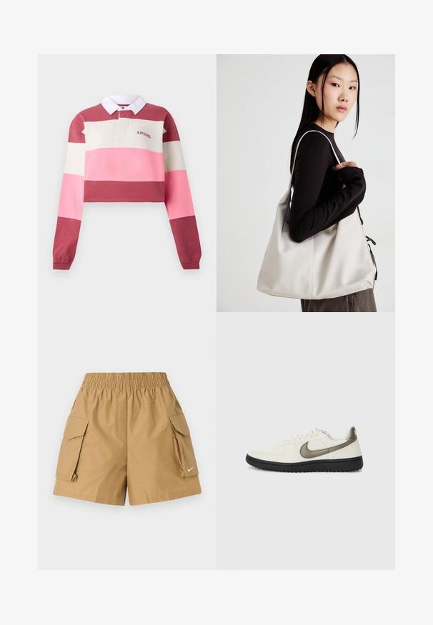 Long-sleeve polo shirt with a cropped design, featuring horizontal stripes in red, pink, and cream. White collar with embroidered logo.; Tan cargo shorts with an elastic waistband, two side pockets, and a small white logo detail. Made of lightweight, textured fabric.; Nike Sportswear FIELD GENERAL - Trainers - off-white/black; Beige handbag made of soft material, featuring a slouchy design, stitched detailing, and two shoulder straps. Suitable for everyday use.