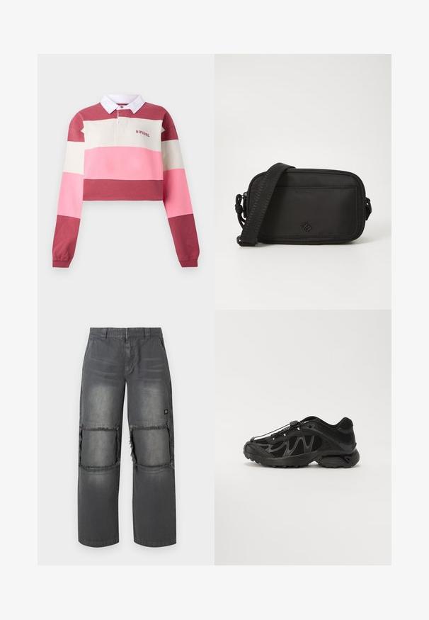 Pitkähihainen poolopaita lyhennetyllä muotoilulla, jossa on vaakasuoria raitoja punaisena, vaaleanpunaisena ja kermaisen valkoisena. Valkoinen kaulus, jossa on brodeerattu logo.; Harmaat denim-housut rentoon istuvuuteen, joissa on riiputetut polvipatches, erottuva ompelu ja pieni logo sivussa.; Musta urheilusandaalit, joissa on verkkomateriaalia, kaareva muotoilu ja kumipohja. Varustettu joustavilla nauhoilla ja teksturoiduilla yksityiskohdilla pidon parantamiseksi.; Musta nailoninen olkalaukku vetoketjulla, tasaisella etutaskulla ja teksturoidulla hihnalla. Sisältää pienen logon etuosassa.