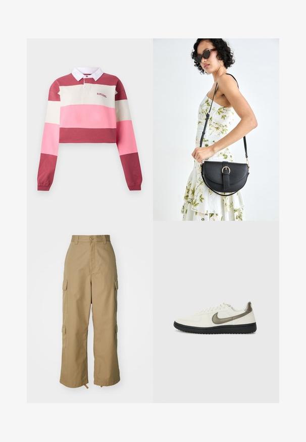 Long-sleeve polo shirt with a cropped design, featuring horizontal stripes in red, pink, and cream. White collar with embroidered logo.; Beige cargo pants with a high waist, wide legs, and four large side pockets. Made of durable fabric with a smooth texture and minimal detail.; Nike Sportswear FIELD GENERAL - Trainers - off-white/black; Black leather handbag with a curved shape, detachable strap, and gold hardware. The bag features a flap with a buckle detail.