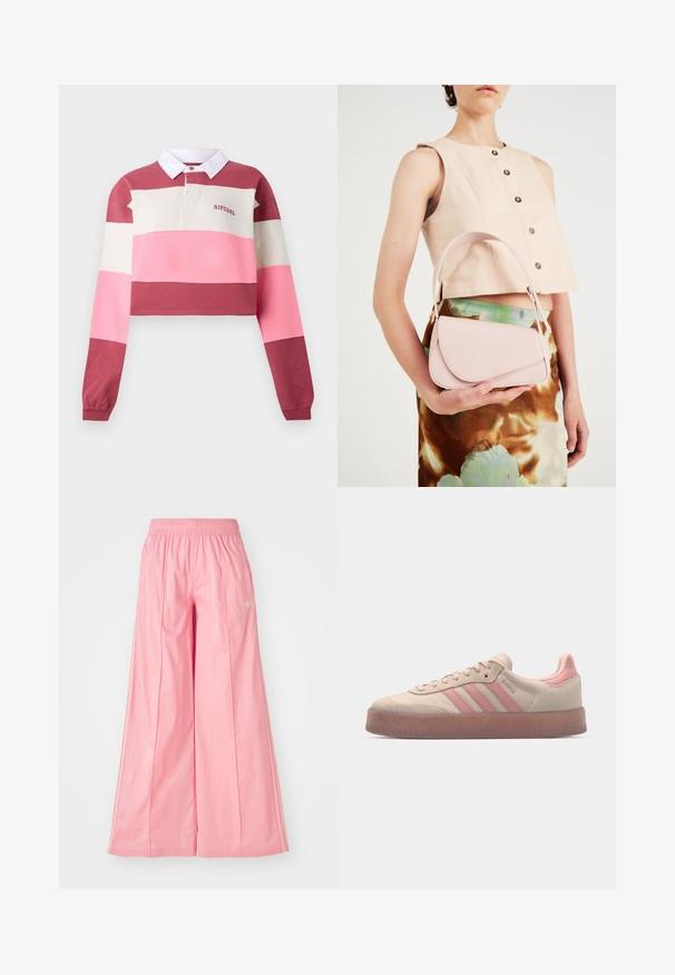 Langarm polo shirt met een cropped ontwerp, voorzien van horizontale strepen in rood, roze en crème. Witte kraag met geborduurd logo.; Roze wijde broeken gemaakt van lichtgewicht stof, met een elastische tailleband en subtiele witte streepjes aan de zijkanten. Klein logo aan de voorkant.; Beige suede sneakers met lichtroze accenten, een gestructureerde rubberen zool en drie roze strepen aan de zijkant. Rondneus en vetersluiting.; Roze leren handtas met een gebogen klep, één schouderband en strakke lijnen. De tas vertoont een gladde textuur en een minimalistisch ontwerp.