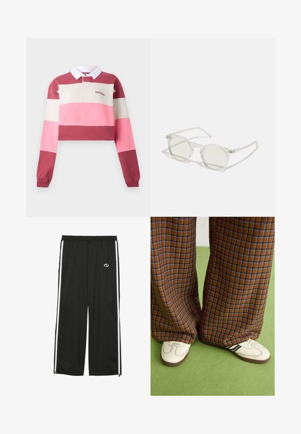 Polo majica z dolgimi rokavi in krajšo zasnovo, s horizontalnimi črtami v rdeči, roza in kremni barvi. Bela ovratnica z izvezenim logotipom.; Črne športne hlače iz lahkega materiala z belimi stranskimi črtami, elastičnim pasom in majhnim logotipom spredaj.; Rjave in modre kariraste hlače širokih nogavic, v kombinaciji z belimi čevlji, ki imajo črne poudarke in teksturirane podplate, na zeleni podlagi.; Okrogle sončna očala s prozornim okvirjem, svetlo zelenimi lečami in tankimi, prozornimi ročaji. Imajo subtilne kovinske poudarke na okviru.