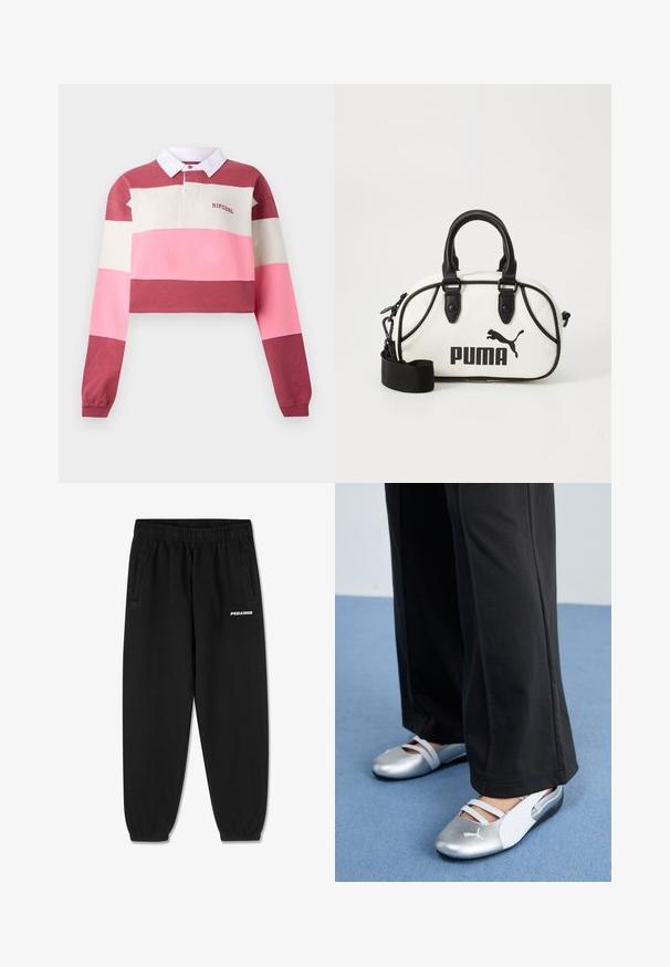 Polo a maniche lunghe con design corto, caratterizzato da righe orizzontali in rosso, rosa e crema. Collo bianco con logo ricamato.; Pantaloni della tuta neri in tessuto morbido, con cintura elasticizzata regolabile, gambe affusolate e tasche laterali. Logo "PEGADOR" in bianco sulla parte anteriore.; Scarpe piatte argento e bianche con cinturini incrociati e dettagli testurizzati, abbinate a pantaloni neri larghi. Ambientate su un pavimento blu.; Borsa bianca con dettagli neri, con logo Puma. Manici corti e rotondi e tracolla staccabile, realizzata in materiale sintetico testurizzato.