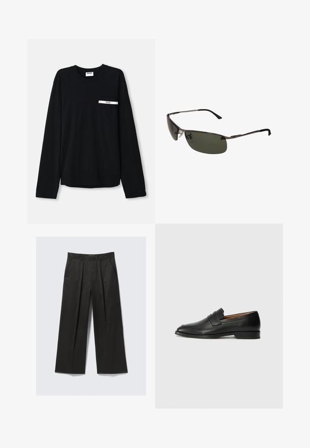Fekete, hosszú ujjú póló, puha pamutból készült, mellzsebbel, fehér sávval és címke részlettel. Kerek nyakkivágás és egyenes szegély.; Fekete, bő szárú nadrág sima textúrával, két elülső zsebbel és enyhén megemelt derékkal.; Fekete bőr mokaszin, kerek orral, diszkrét varrásokkal és alacsony sarokkal, sima felülettel és minimalista dizájnnal.; Sötétzöld lencséjű napszemüveg, kényes fémkerettel, ívelt formával és állítható orrtámaszokkal. Jellemzője a vékony, fekete szár.