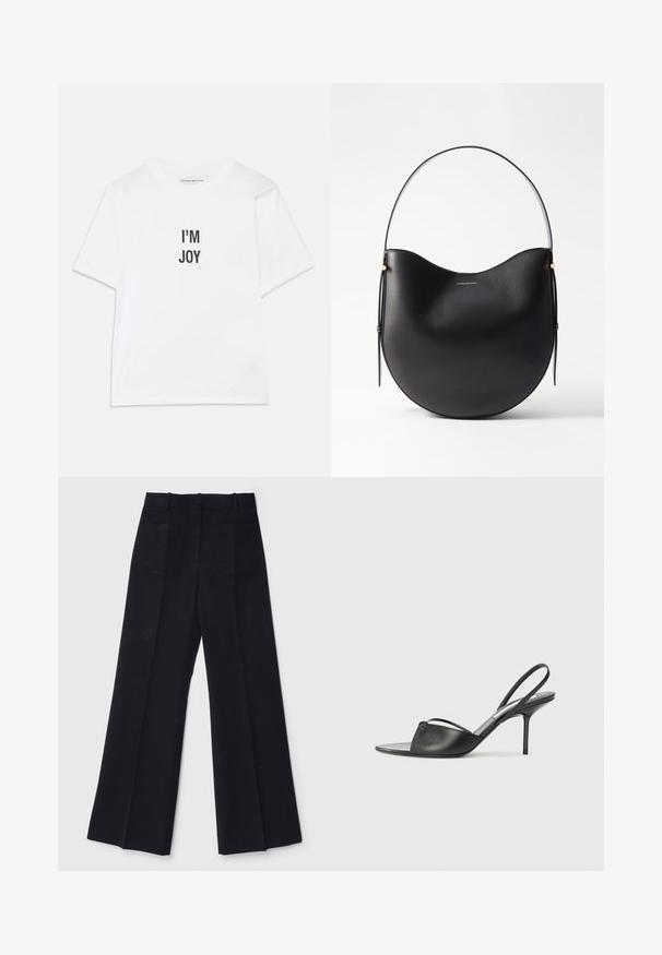Valge puuvillane T-särk, millel on must tekst "I'M JOY", lühikesed varrukad, klassikaline ümar kaelus ja mugav lõige.; Mustad laiad püksid sujuvast kangast, kõrge vöökoht, kaks tagataskut ja peened eesplekid lisatud kuju jaoks.; Mustaid nahk slingback kontsad terava nokaga, peene pahklu rihmaga ja stilettokandaga. Omab sõlme detaili vampi peal.; Mustmustast mustrahk, millel on kumer kuju, õhuke sang ja peened kuldsed aksessuaarsed. Sile tekstuur ja minimalistik disain.