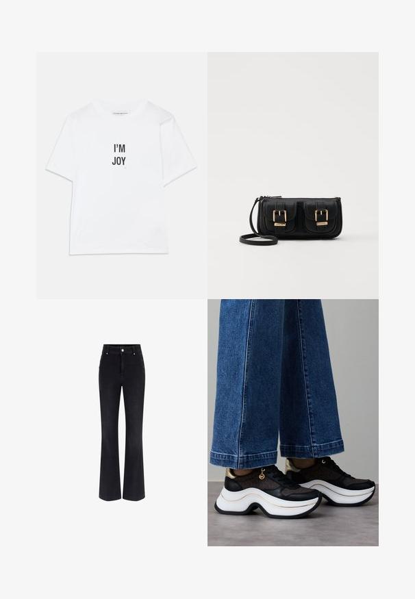 Vit bomullströja med texten "JAG ÄR GLÄDJE" i svart, korta ärmar, klassisk rund halsringning och en avslappnad passform.; Svarta jeans med klockad benvidd, hög midja, femficksdesign och metallknappar på sidorna. Snygg textur och klassisk passform.; Svart- och guldsneakers med en krökt vit sula. Texturerat tyg med logotypaccenter. Kombinerade med vida blå jeans.; Svart läderaxelväska med två framfickor, guldspännen, dragkedjestängning och en smal rem. Texturerad yta och kompakt rektangulär form.