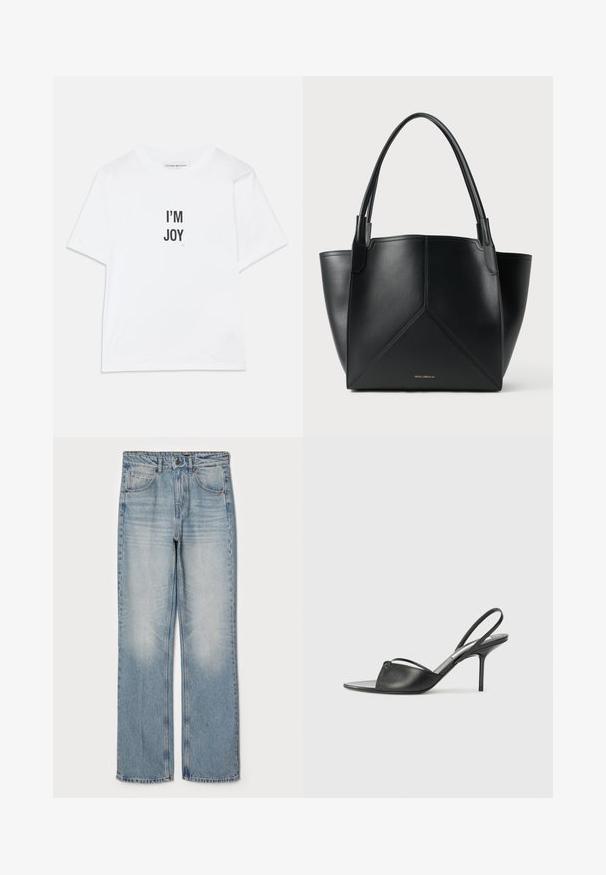 White cotton T-shirt featuring the text "I'M JOY" in black, short sleeves, classic crew neckline, and a relaxed fit.; Light blue denim jeans with a straight fit, featuring a high waist, five-pocket design, and subtle fading on the thighs and knees.; Black leather slingback heels with a pointed toe, thin ankle strap, and stiletto heel. Features a knotted detail on the vamp.; Black leather tote bag with a geometric design, featuring two handles and gold branding on the front. Smooth texture and structured shape.