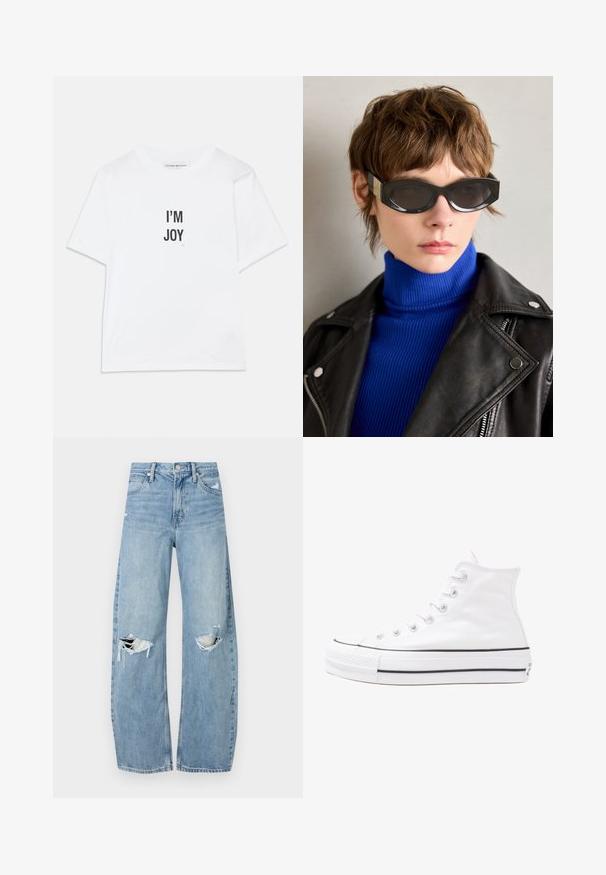 Bela bombažna majica s kratkimi rokavi, na kateri je napis "I'M JOY" v črni barvi, klasičen okrogli izrez in sproščen kroj.; Svijetloplave traperice visoki struk. Imaju široke nogavice, dva poderana područja na koljenima i klasičan petotoksi stil.; Beli visoki platneni športni čevelj z črnim gumijastim podplatom, sprednjim gumijastim zaščitnikom za prste in šestimi luknjicami za vezalke, ki se ponaša s preprostim, minimalističnim dizajnom.; Črne sončna očala z zaobljenimi robovi in tinted lečami. Imajo zlato okrasno opremo na templjih. Noseno z modrim rebrastim puloverjem in usnjeno jakno.
