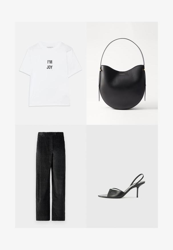 Biała bawełniana koszulka z krótkim rękawem z nadrukiem "I'M JOY" w kolorze czarnym, klasyczny okrągły dekolt i luźny krój.; Czarne, strukturalne spodnie z szerokimi nogawkami i wyraźnym splotem, z zaszewkami z przodu oraz płaskim pasem. Klasyczny design zapewniający wszechstronność.; Czarne skórzane sandały na wysokim obcasie z ostro zakończonym noskiem, cienkim paskiem wokół kostki i obcasem typu stiletto. Posiadają węzeł na przodzie.; Czarna skórzana torba na ramię o zakrzywionym kształcie, cienkim uchwycie i subtelnych złotych akcentach. Gładka faktura z minimalistycznym designem.