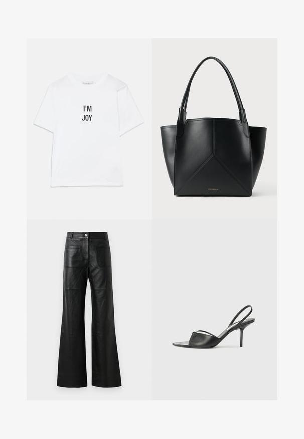 Valkoinen puuvillainen T-paita, jossa on musta teksti "I'M JOY", lyhyet hihat, klassinen pyöreä kaula-aukko ja väljä istuvuus.; Mustat nahkaiset leveälahkeiset housut, joissa on etutaskut ja napitus. Materiaali on sileä, jossa on hienoinen kiilto ja näkyvät saumat.; Mustat nahkaslingback-kengät, joissa on terävä kärki, ohut nilkkaremmi ja stiletto-korko. Yksityiskohtana on solmittu detali vampissä.; Musta nahkainen kassi, jossa on geometrinen muotoilu, kahdella kahvalla ja kultaisella brändäyksellä edessä. Sujuva pinta ja jäntevä muoto.