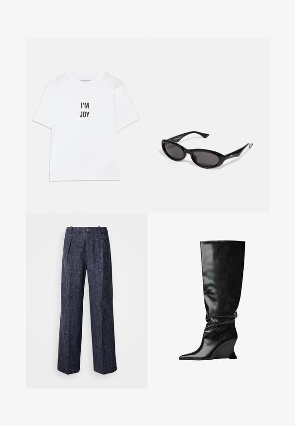 Biała bawełniana koszulka z krótkim rękawem z nadrukiem "I'M JOY" w kolorze czarnym, klasyczny okrągły dekolt i luźny krój.; Spodnie w kolorze granatowym z teksturowanym splotem, z wysokim stanem, szerokimi nogawkami i plisami z przodu. Posiadają pojedynczy zamek i zapięcie na guzik.; Czarny skórzany botek na koturnie do kolan z ostrym noskiem i marszczoną teksturą; gładkie wykończenie z wyraźną sylwetką.; Czarne owalne okulary przeciwsłoneczne z ciemnymi soczewkami. Oprawka jest smukła, lekko błyszcząca, wykonana z tworzywa sztucznego z kątownymi końcówkami i subtelnym logo na zausznikach.