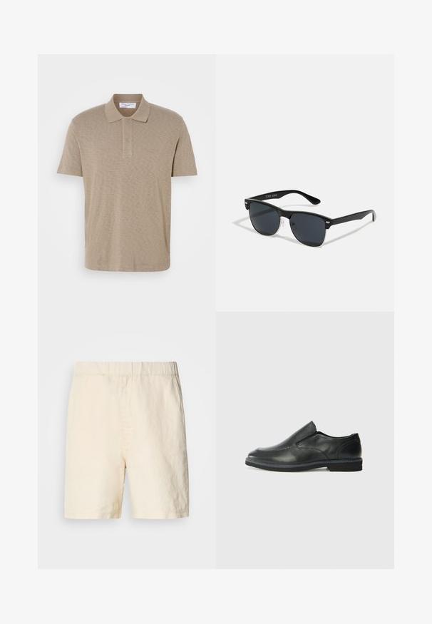 Beige polo skjorte laget av mykt stoff, med en knappestolpe med to knapper og korte ermer. Subtil tekstur med et enkelt design uten mønstre.; Lyse beige shorts laget av pustende stoff. Har elastisk midjebånd og en avslappet passform. Enkel design uten mønstre eller hardware.; Sorte skinn slip-on sko med en jevn overflate, stikking detaljer, rund tå og en lav gummihæl. Sålen har minimal mønstring.; Sorte solbriller med rektangulær form, mørke linser, sølvfargede detaljer ved templene, og en matt finish på rammen.