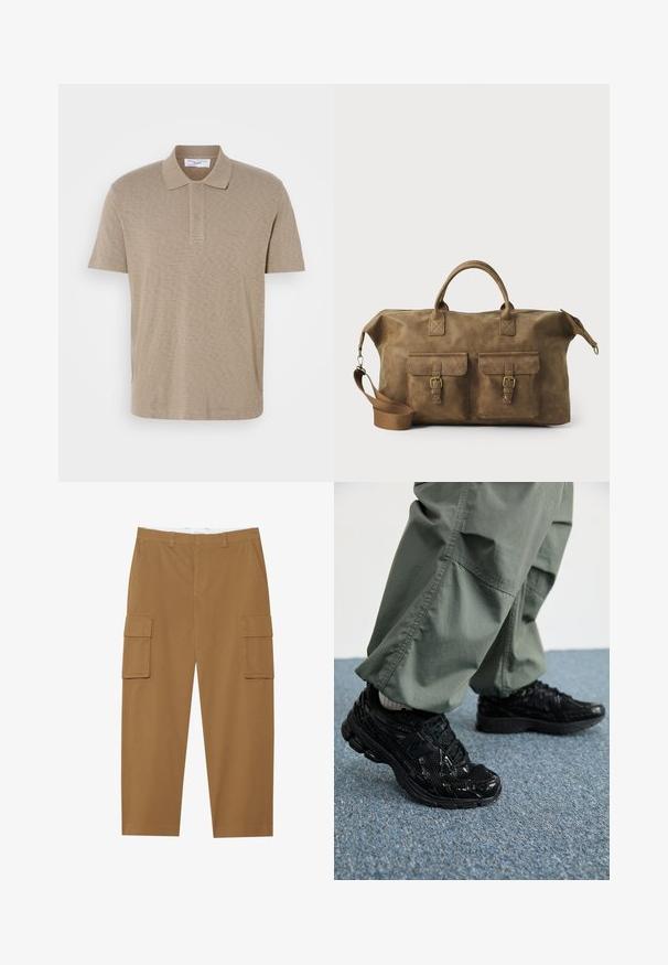 Polo color beige hecho de una tela suave, que presenta un cierre de dos botones y mangas cortas. Textura sutil con un diseño liso y sin patrones.; Pantalones cargo marrones con dos bolsillos laterales, un frente plano y un corte recto. Fabricados con una tela duradera de textura suave.; Zapatillas deportivas negras con texturas brillantes y de malla, que presentan una suela gruesa y cordones, combinadas con pantalones cargo holgados de color verde oliva.; Bolso de cuero marrón tipo duffel con dos bolsillos frontales, correa para el hombro ajustable, herrajes dorados y asas superiores resistentes. Textura suave.