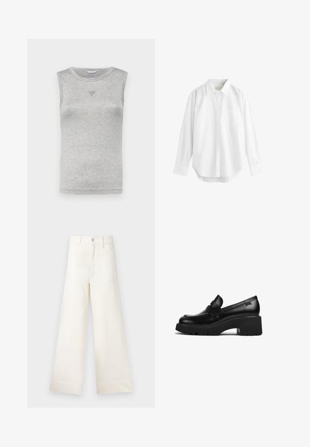 Top gri fără mâneci dintr-un amestec moale de bumbac, cu un decolteu rotund și un accent mic, texturat, în formă de triunghi pe față.; Cămașă albă cu mâneci lungi din bumbac, cu guler ce se încheie cu nasturi, buzunar frontal și tiv curbat. Textură netedă și design clasic.; Pantaloni cu croi larg din bumbac bej deschis. Prezintă talie înaltă, buzunare frontale și croi drept. Terminare netedă a tivului, fără modele.; Loafer din piele neagră cu toc gros, având o talpă groasă și un detaliu cu curea în partea de sus, prezentat din lateral pe un fundal alb.
