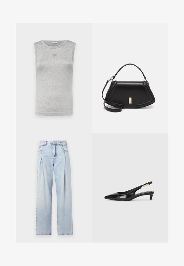 Top gris sin mangas en suave mezcla de algodón, con un escote redondeado y un pequeño acento triangular texturizado en la parte delantera.; Jeans de mezclilla azul claros con cintura alta, corte de pierna ancha, dos bolsillos laterales y un diseño plisado. Textura suave con un acabado deslavado.; Tacones negros de piel sintética tipo slingback con punta afilada, que cuentan con un tacón delgado y un detalle en tono dorado en la correa ajustable. Textura suave.; Bolso de mano de cuero negro con un diseño estructurado, que presenta una forma recortada, asa superior y acentos en dorado. Correa de hombro ajustable incluida.