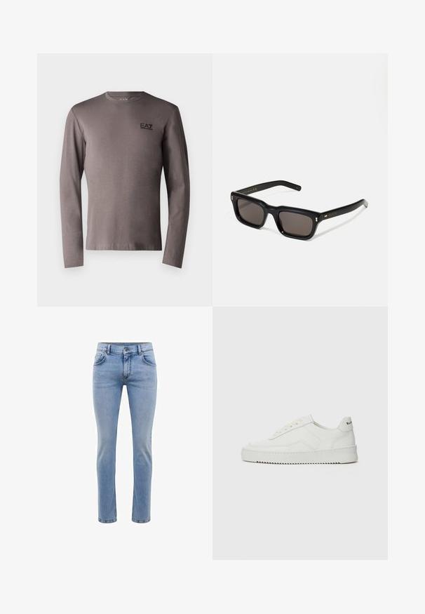 EA7 Emporio Armani TRAIN CORE TEE - Ilgarankovis viršutinės dalies drabužis - volcanic glass; Šviesiai mėlynos džinsinės kelnės su siauromis kojomis, penkiais kišenėmis ir tiesiomis kojomis. Su užtrauktuku ir diržo kilpomis. Švelnus paviršius.; Balti odiniai sportiniai bateliai su lygia apdaila, apvaliu pirštu, plokščiais raišteliais ir tekstūruotu padu. Pasižymi subtiliu logotipu ant kulno.; Juodos stačiakampės akinių nuo saulės su tamsiais objektyvais, storu plastiko rėmu, auksinėmis detalėmis ant šventyklų ir prekės ženklo logotipu išgraviruotu ant šono.